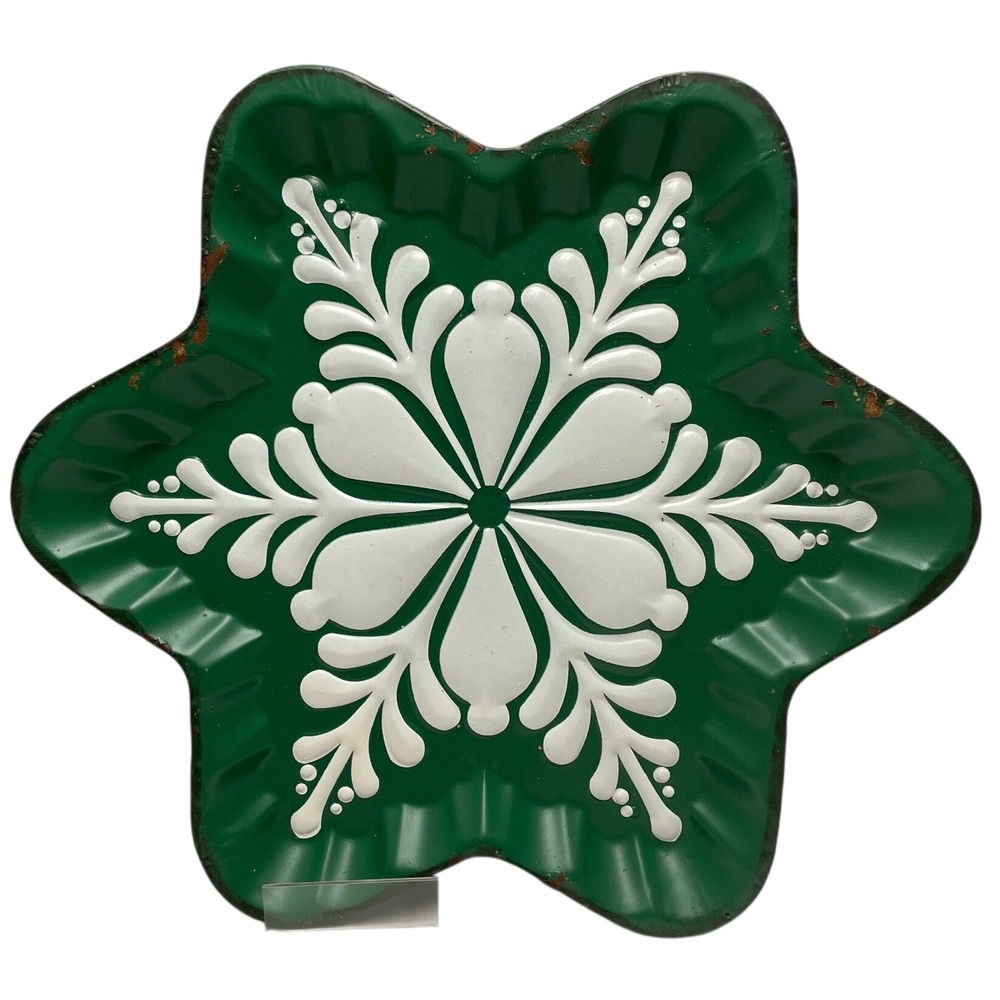 Green Metal Snowflake Tray Christmas Holiday Decorative Star Dish 16" farmhouse